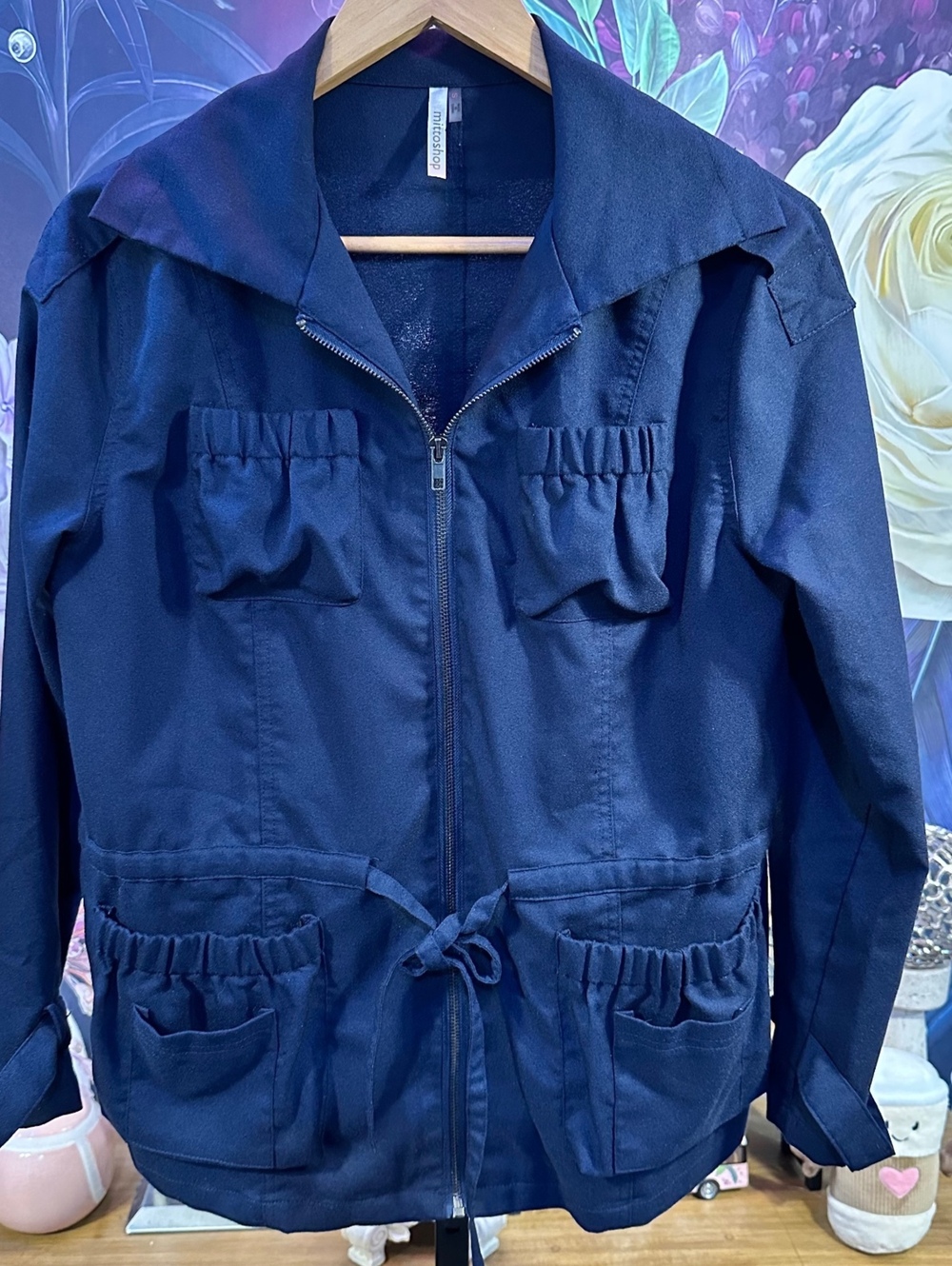 Mittoshop S Utility Jacket Safari Field Cargo Drawstring 4 Pocket Navy Blue